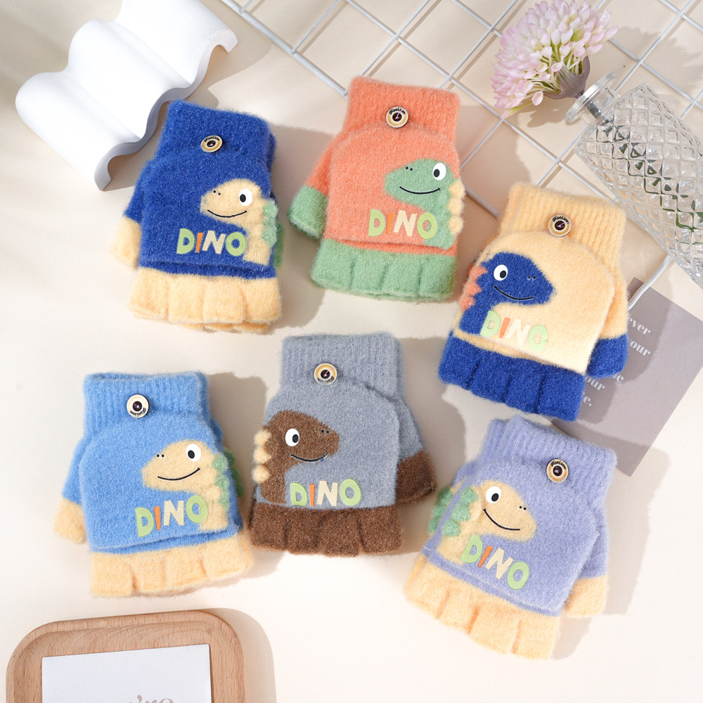 Winter Glove Insulated - Winter Knitting Cute Dinosaur Kindergarten Half-Finger