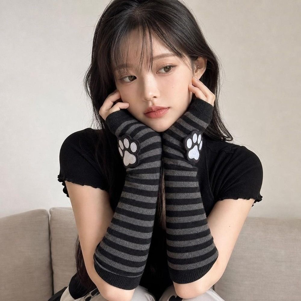 Cute Cat Claw Striped Pattern  - đánh giá và giá Fingerless Glove Knit